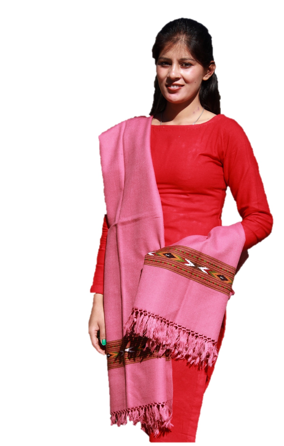 HimalayanKraft Hand Woven Kullu Wool Shawl- Pink Colored  with Beautiful HandWoven Embroidery for Women and Girls.