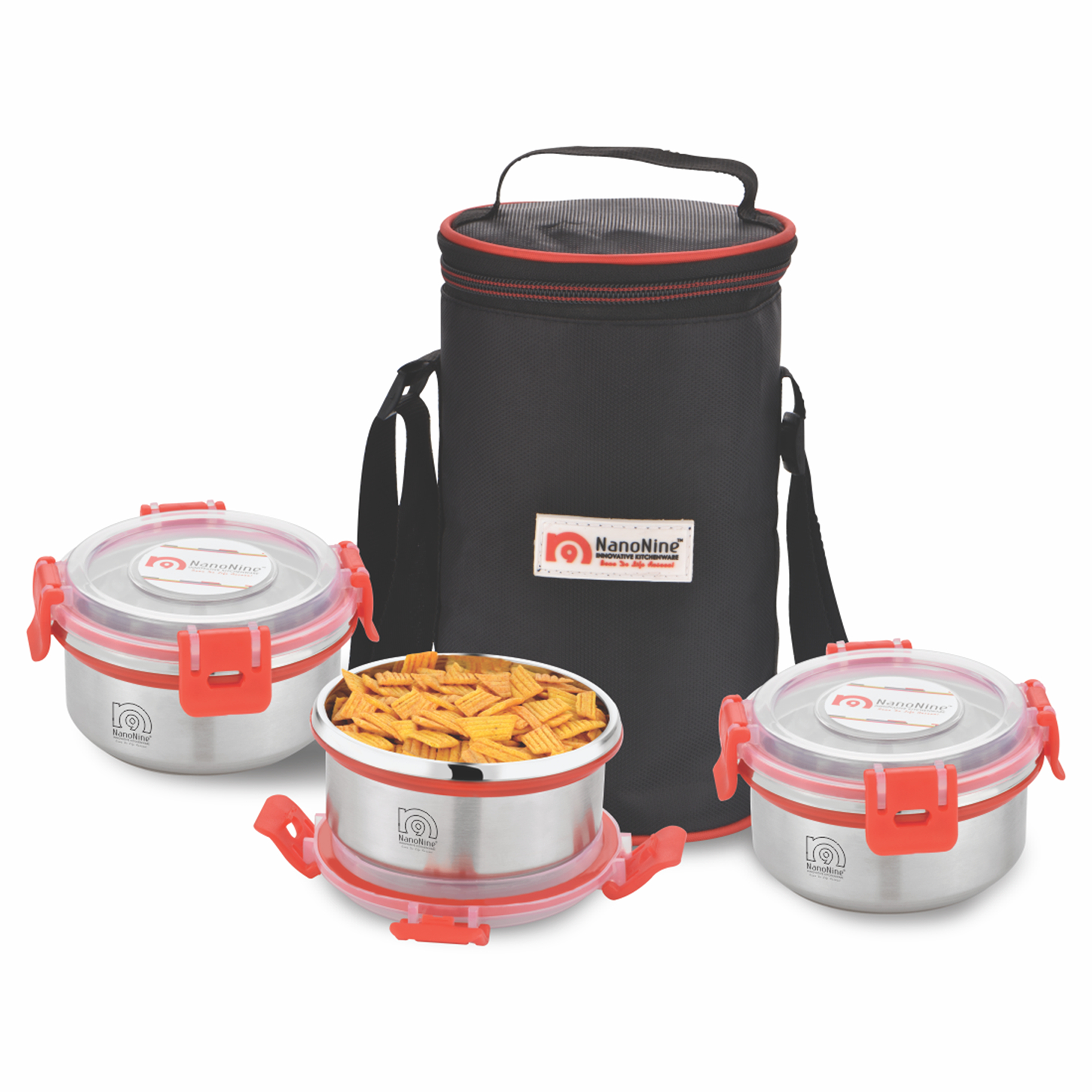 NanoNine Clip Lock Single Wall Stainless Steel Lunch Box with Insulated Bag, Medium, 260 ml, Set of 3, Red