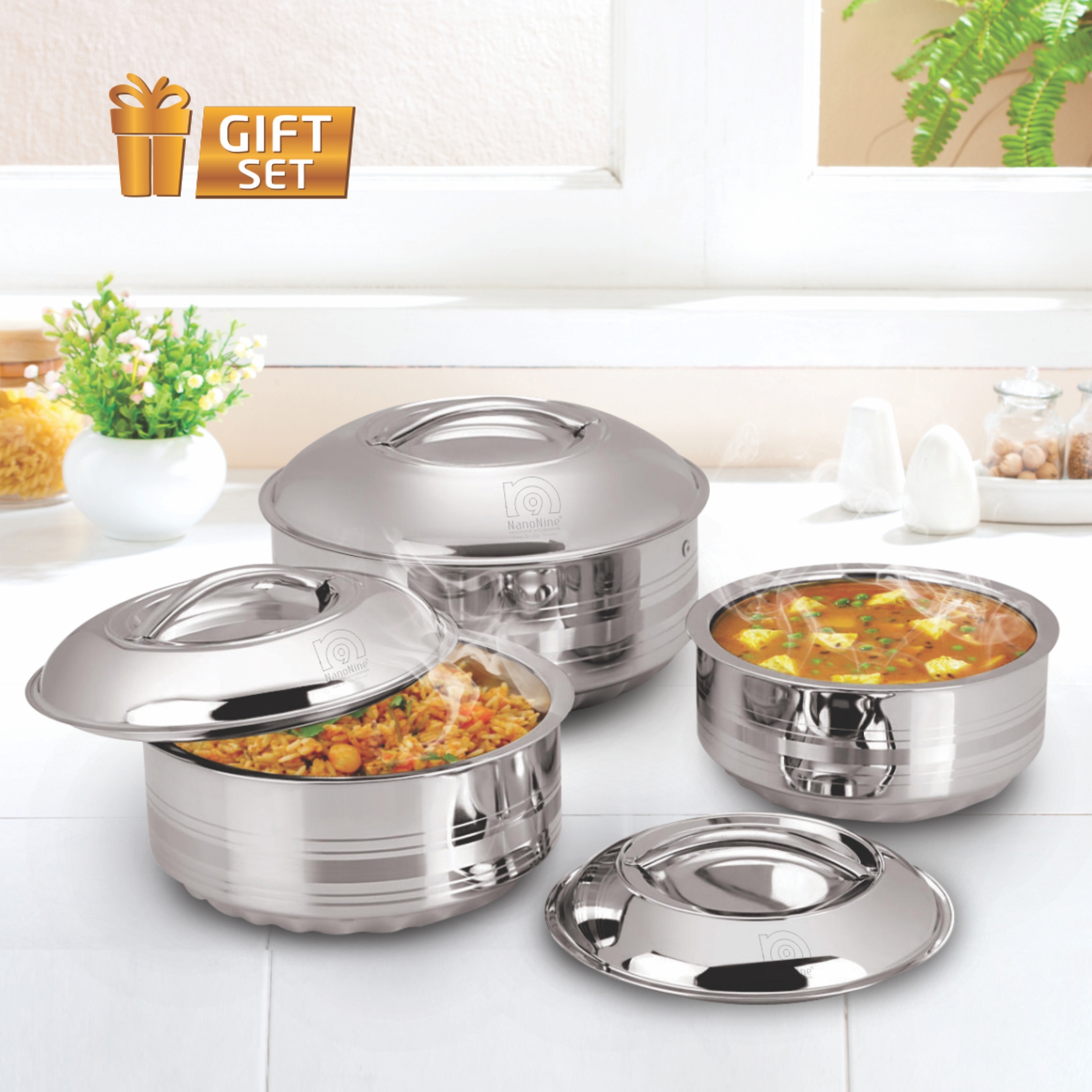 NanoNine Hot Shine Stainless Steel Insulated Casserole Designer with Steel Lid, Set of 3, 0.9 L + 1.4 L + 1.9 L