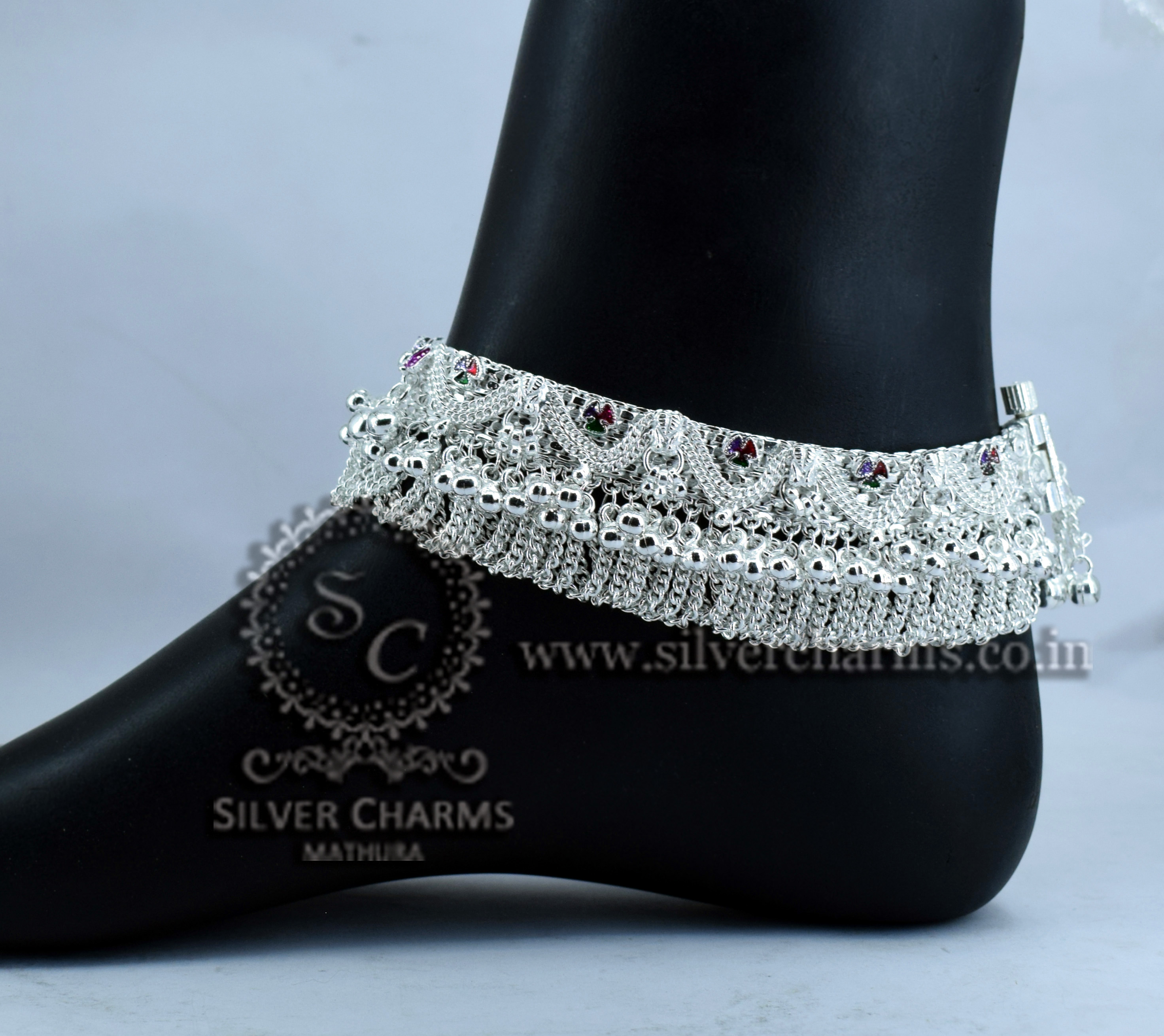 Bridal Double Jhalar Pattern Silver Anklets