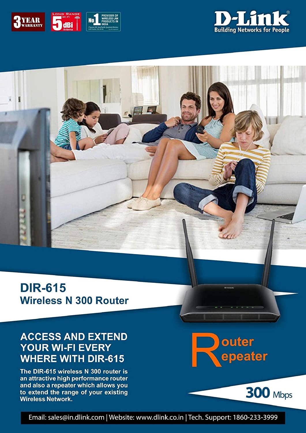 D-Link DIR-615 Wireless-N300 Router (Black, Not a Modem)