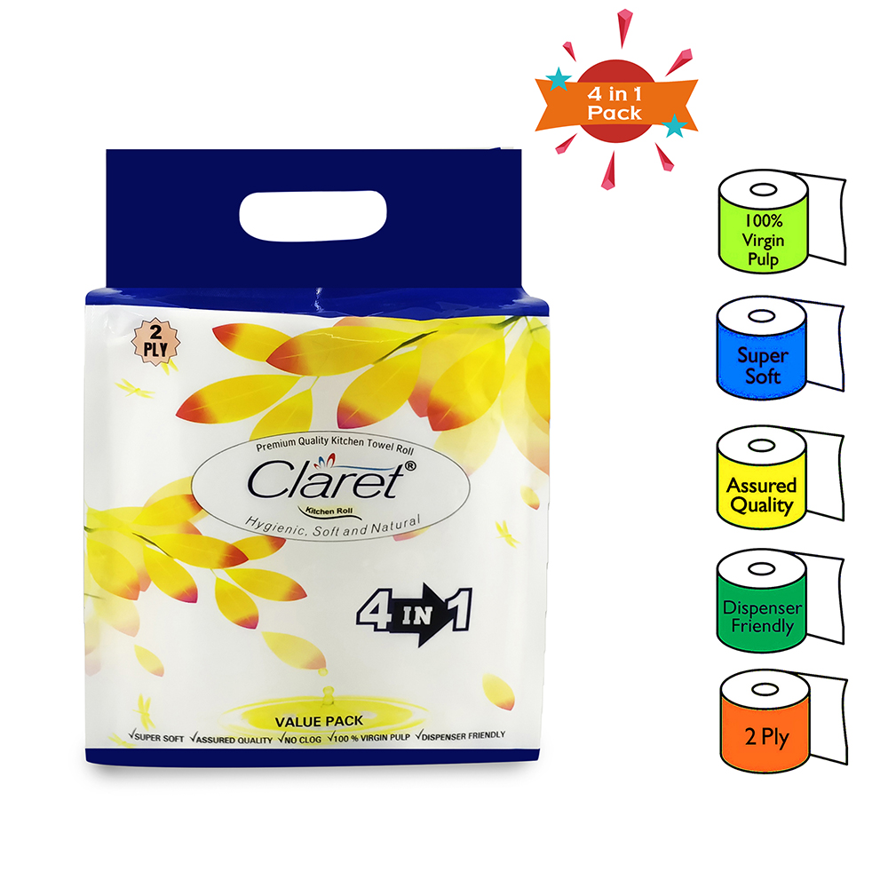 CLARET 4 in 1 Hygienic Soft & Natural Kitchen Towel Roll - 2 PLY, 100 SHEETS