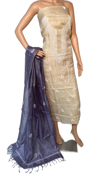 SPECIAL PURE TUSSAR SILK HAND CHIKENKARI KURTI DUPATTA SET 2.5 MTRS EACH (NO BOTTOM) .