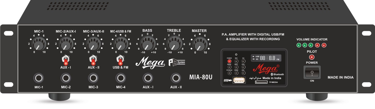 Mega 80W AC / DC 12V, 4 Mike 2 Aux, USB /SD Card Player , 