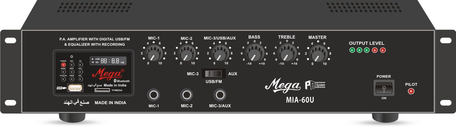 Mega 60W AC / DC 12V, 3 Mike 1 Aux, USB /SD Card Player , Bluetooth , Android App & Recorder