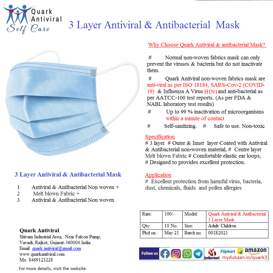 3 Layer Antiviral & Antibacterial Mask- Disposable 