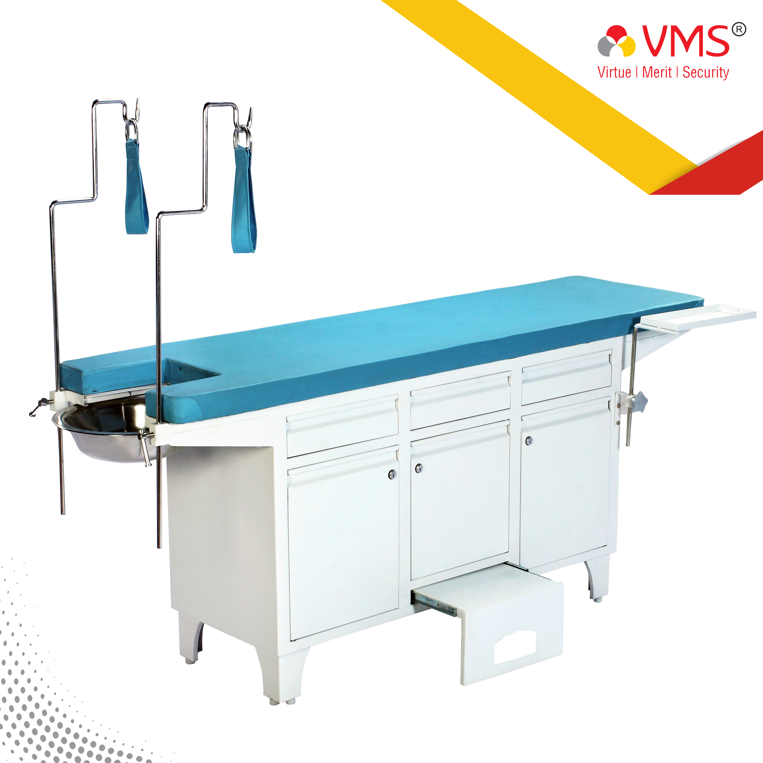 Examination –cum-Gynaec  Couch  With  “U” cut, Lithotomy Rods , Plain Cushioned Top and Drawers & Cabinets