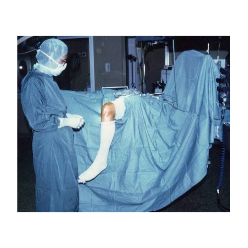 HIP REPLACEMENT DRAPE WITH ELASTIC APERTURE (INTL.) and clear leg pockets