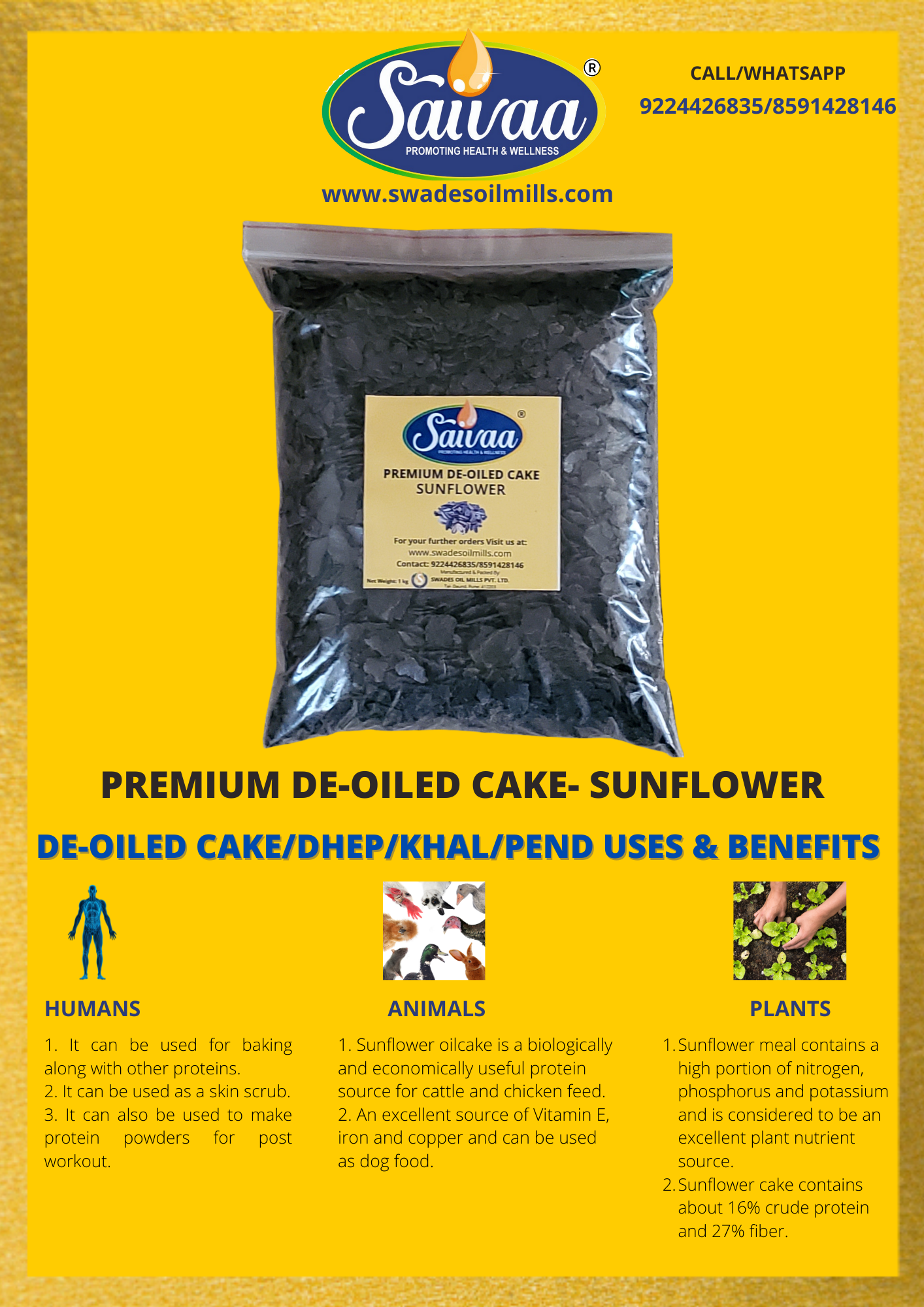 Saivaa Premium Sunflower De-Oiled Cake/Pend/Dhep