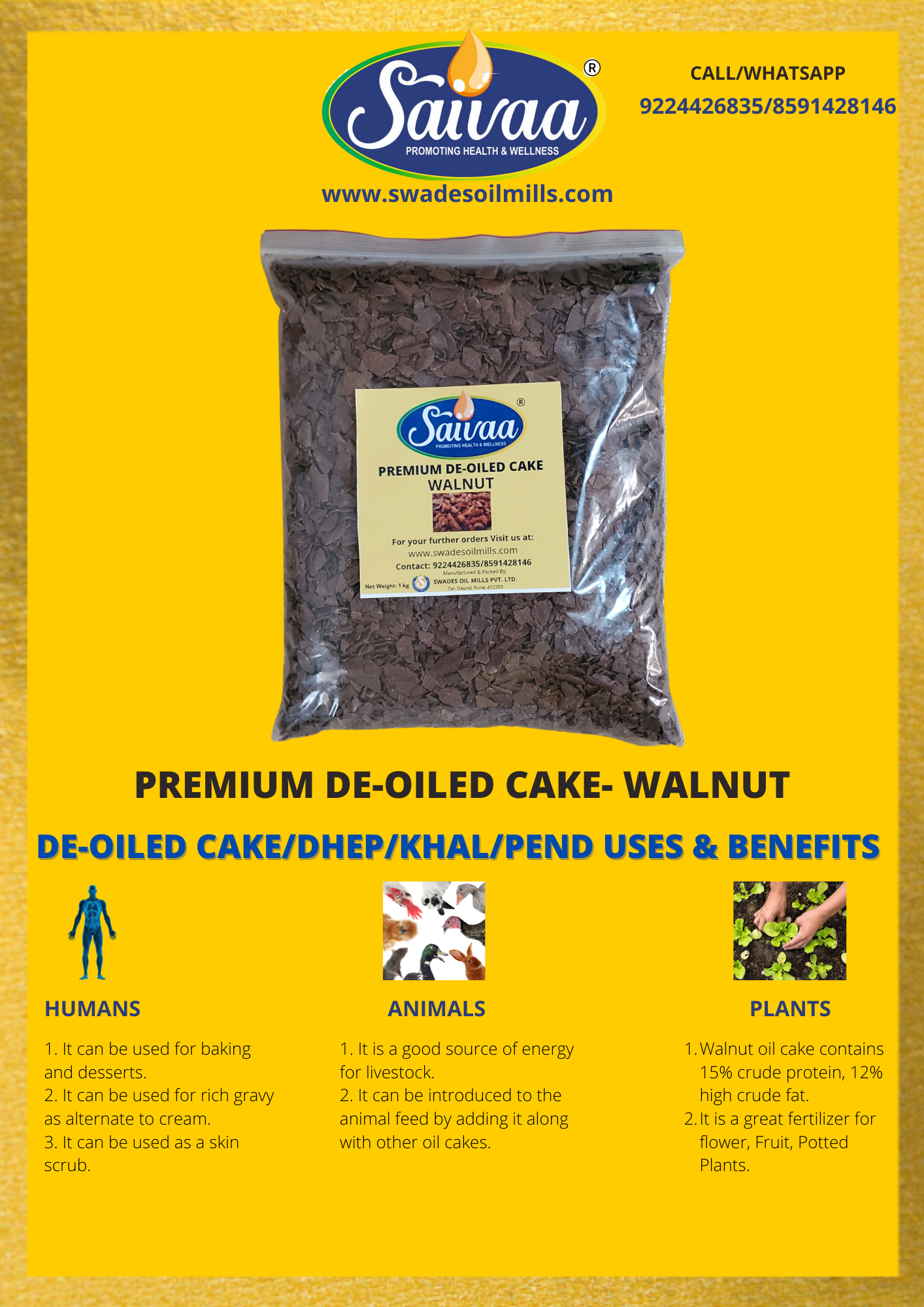 Saivaa Premium Walnut De-Oiled Cake/Pend/Dhep