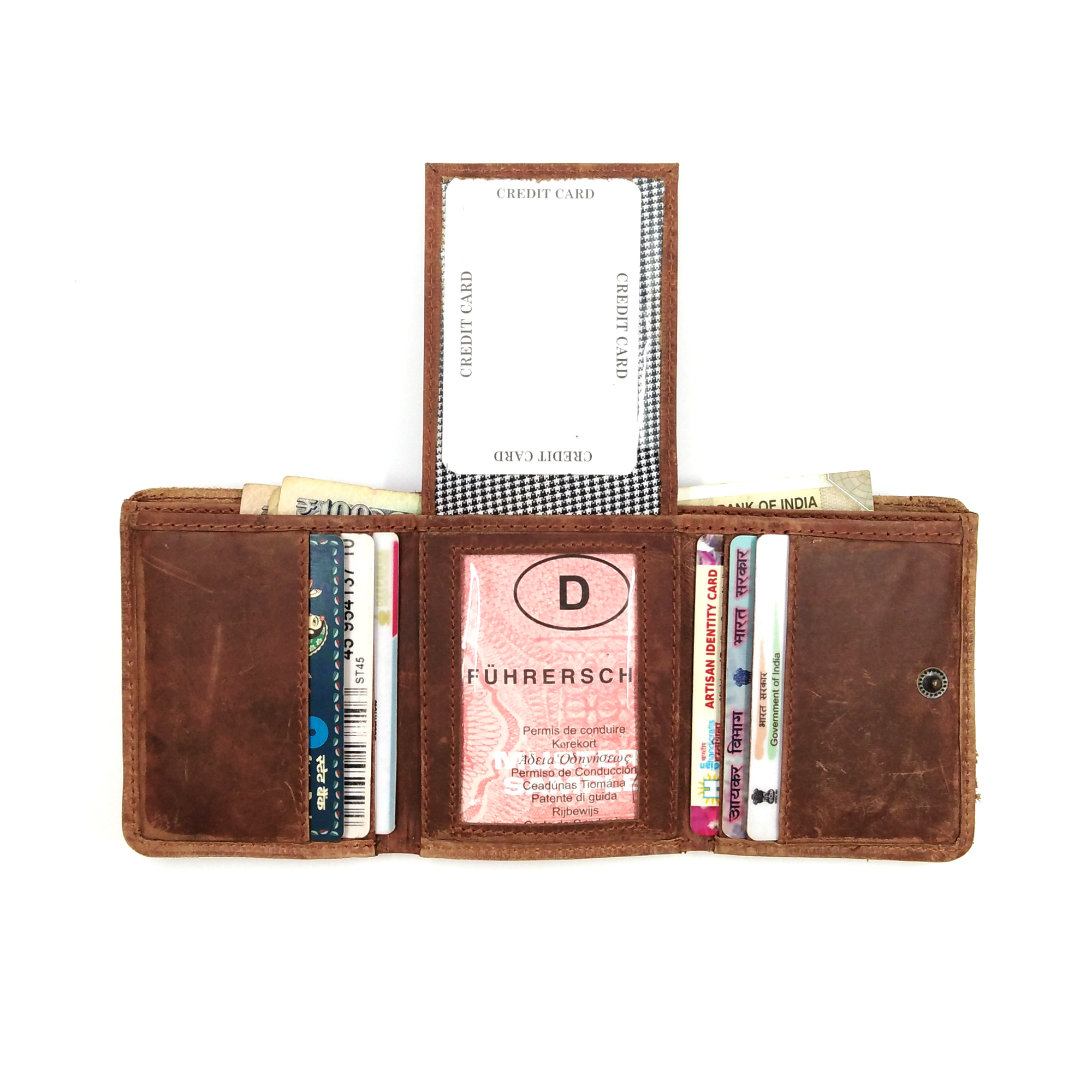 Brown Color Genuine Leather card, cash compartment tri-fold wallet for men