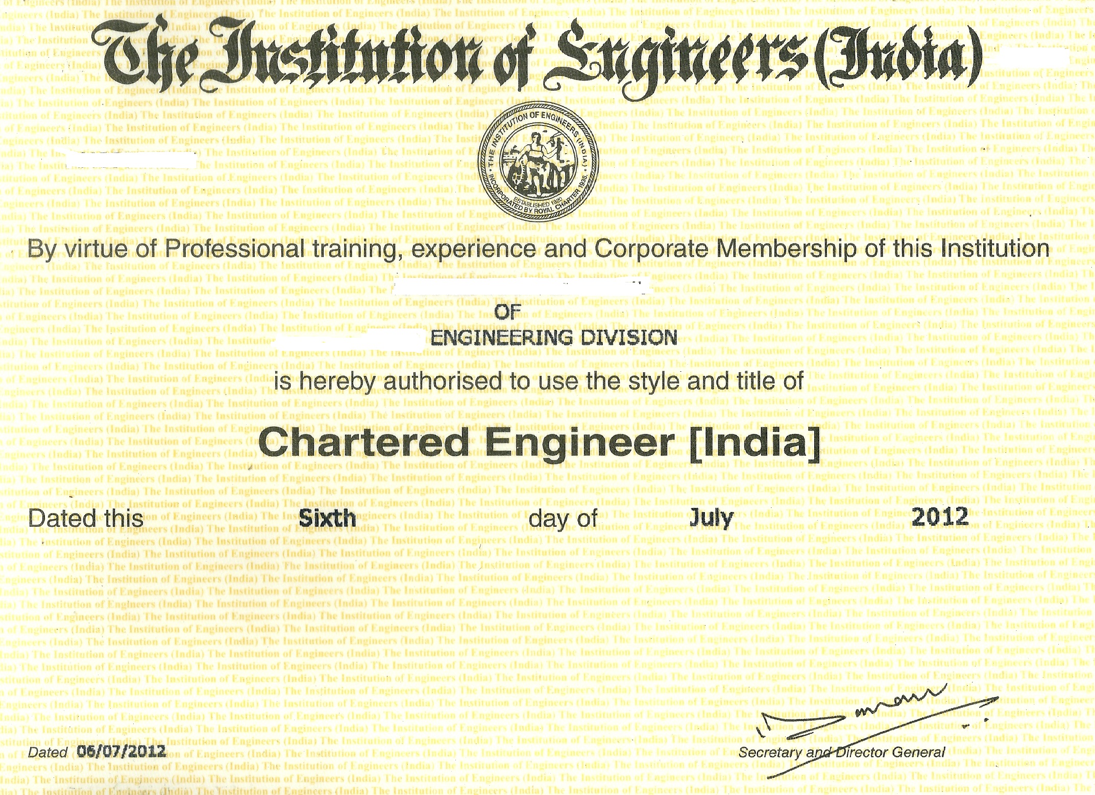 CHARTERED ENGINEER CERTIFICATION SERVICE