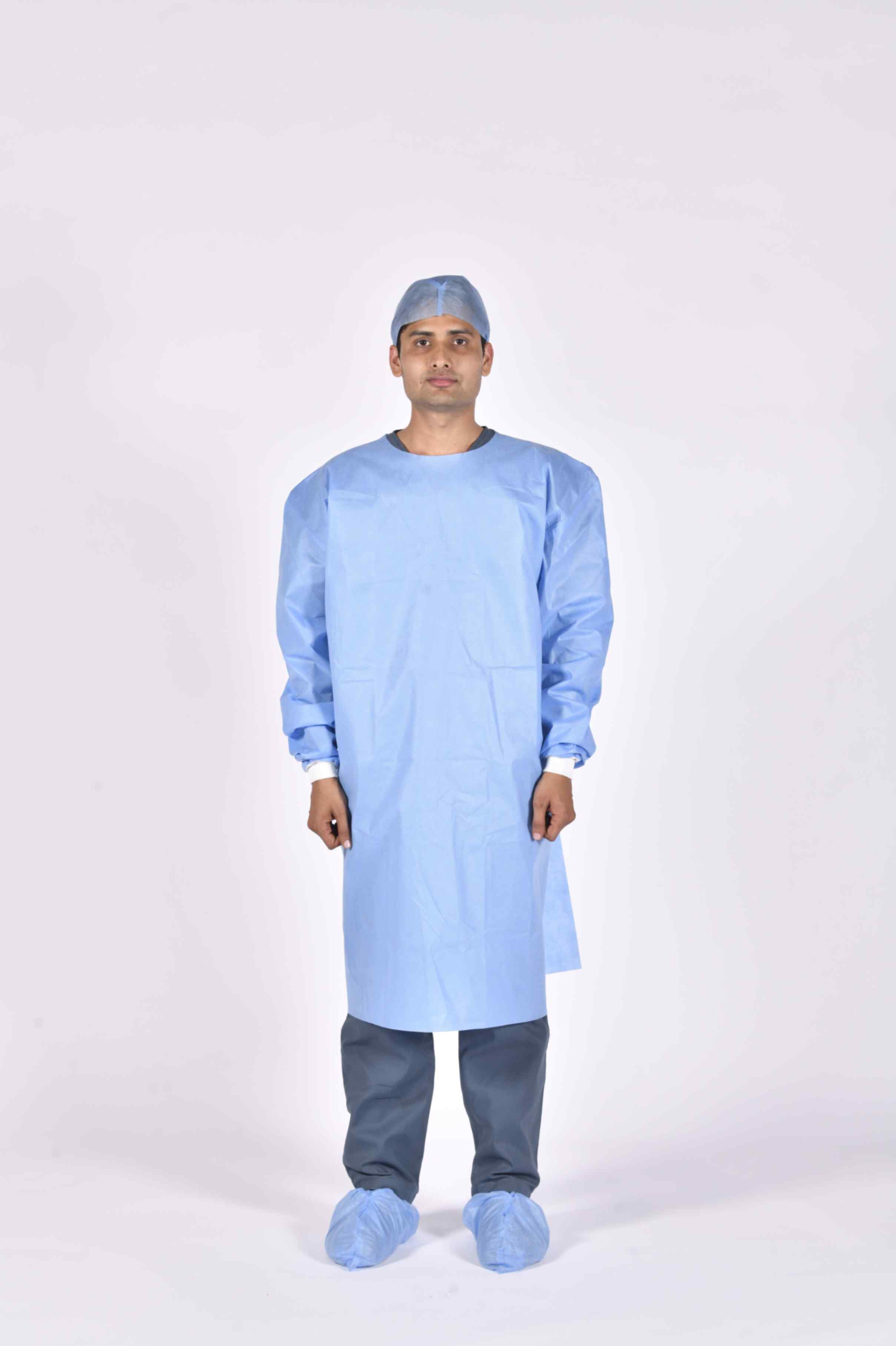 SHRISAY Disposable Surgical Isolation Gown (Blue, Length-48inch, Knitted rib), 43 GSM Non Woven SMMS Fabric With 2 hand towel