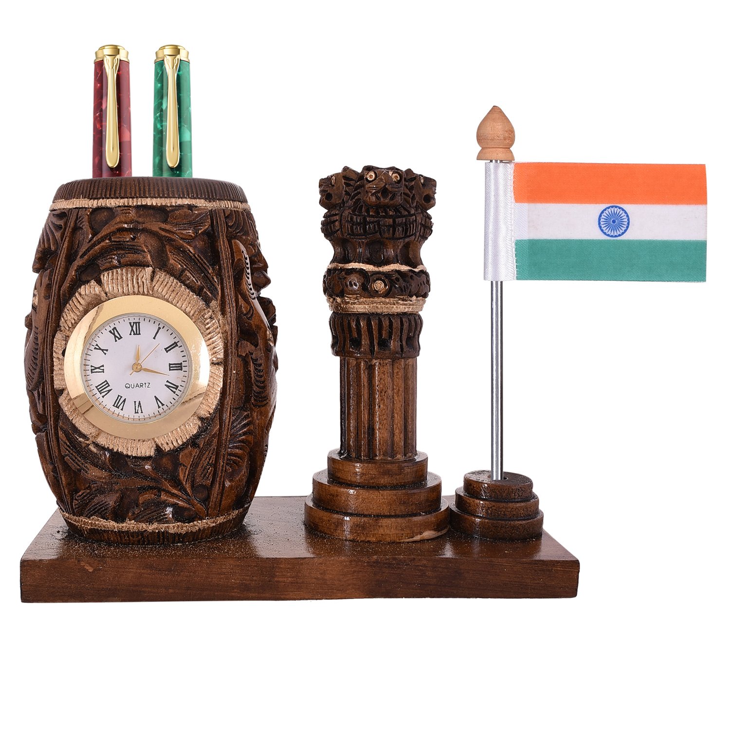 Bark Brown Wooden Pen Stand With Ashok Stambh & Clock And Indian Flag 
