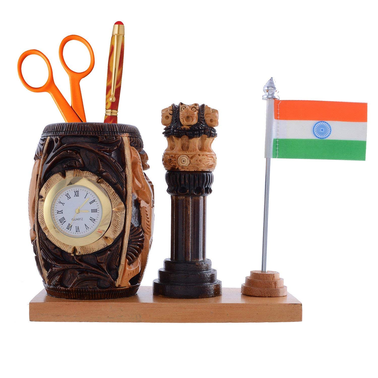 Brown Wooden Pen Stand With Ashok Stambh & Clock And Indian Flag 