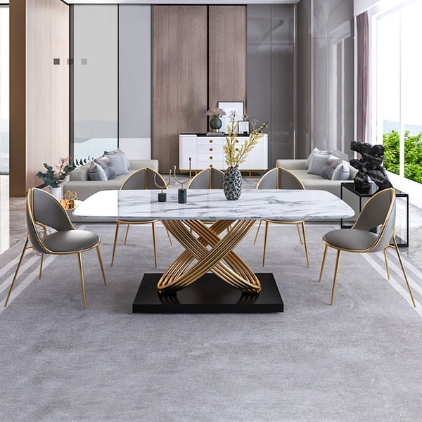 Vikinterio Stainless Steel Base with Marble Top Six Seater Dining Table Set