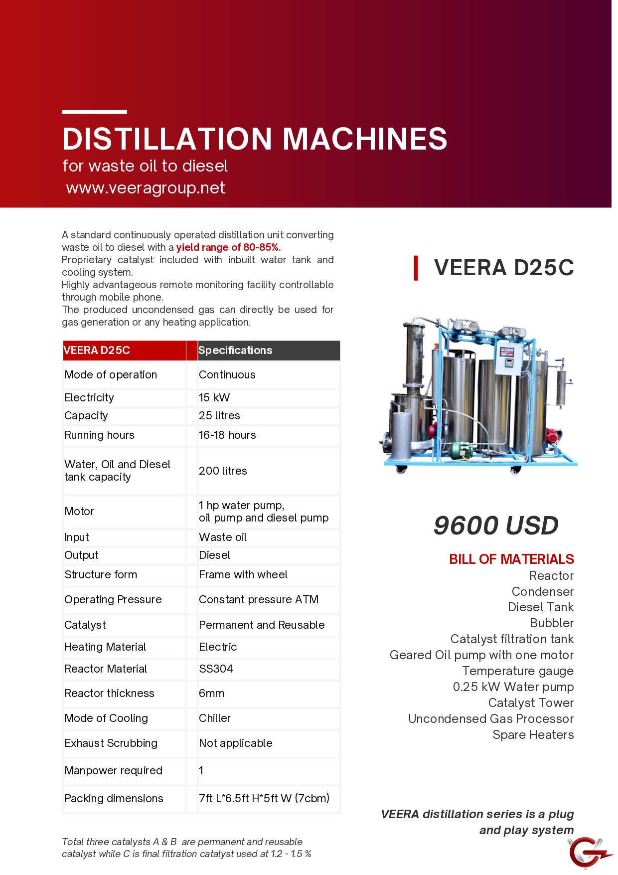 Veera D25C Fast moving waste oil to diesel making machine