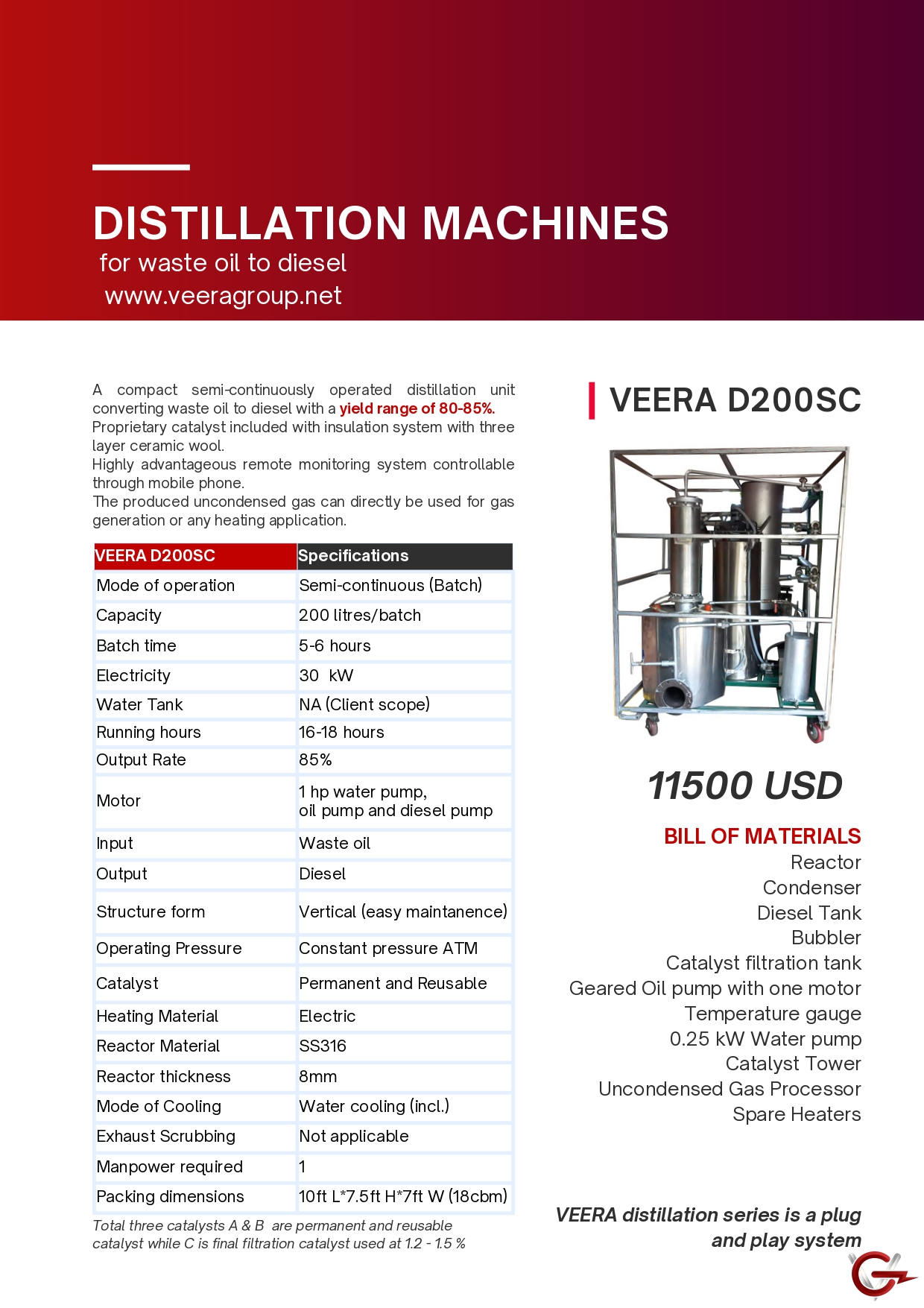 Veera D200SC Refining Plastic oil to Diesel producing machine