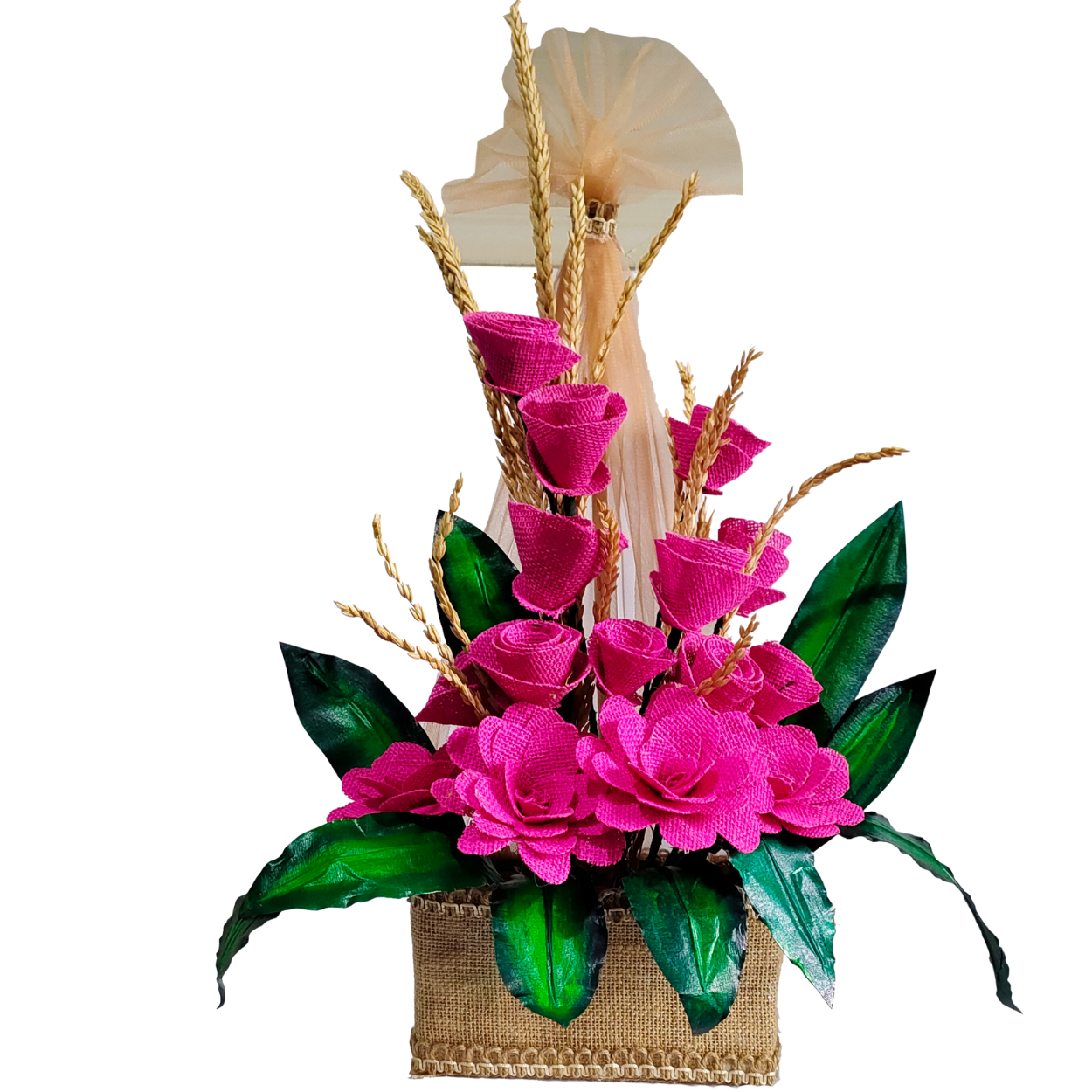 Jute Flower Everlasting Net Stand Bouquet (with Green Leaves)