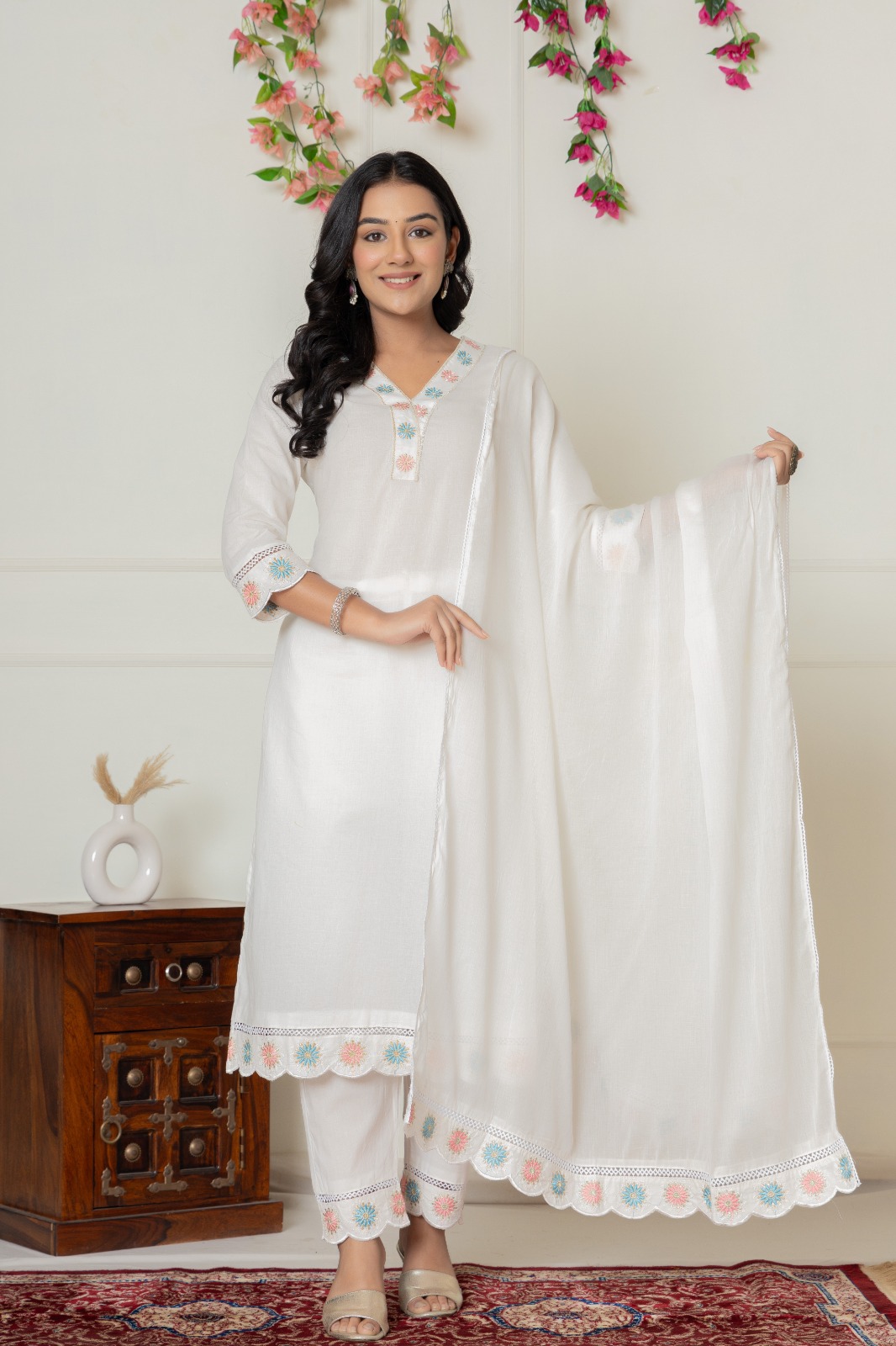 Women cotton embroidery white kurta set