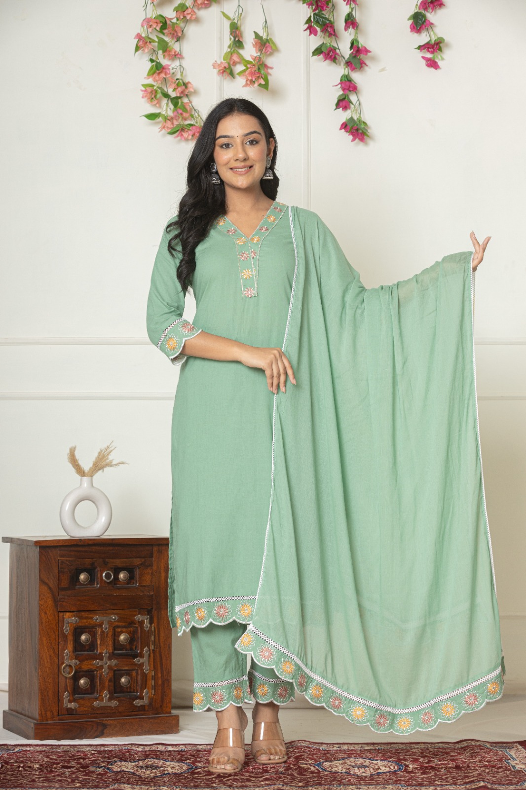 WOMEN STRAIGHT OLIVE GREEN COTTON KURTA SET DUPATTA