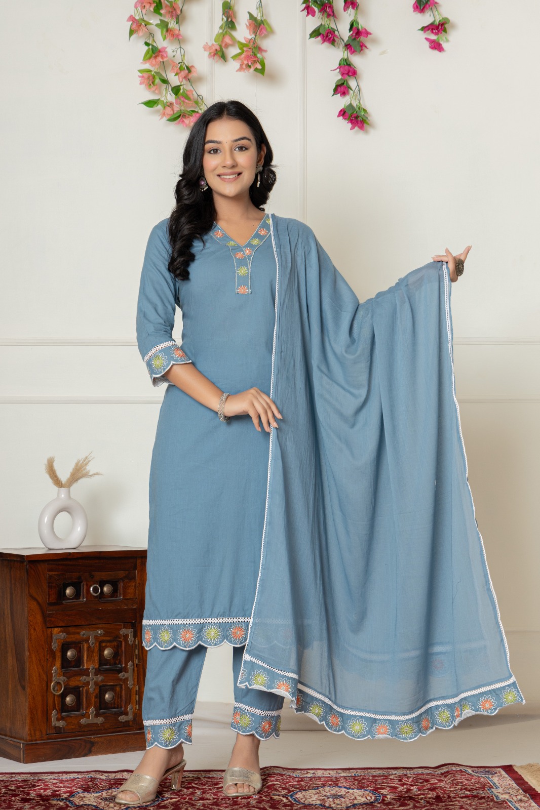 WOMEN STRAIGHT GREY COTTON KURTA SET DUPATTA