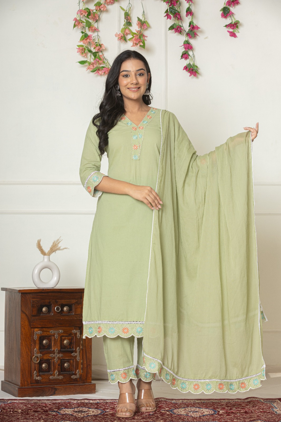 WOMEN STRAIGHT OLIVE GREEN COTTON KURTA SET DUPATTA