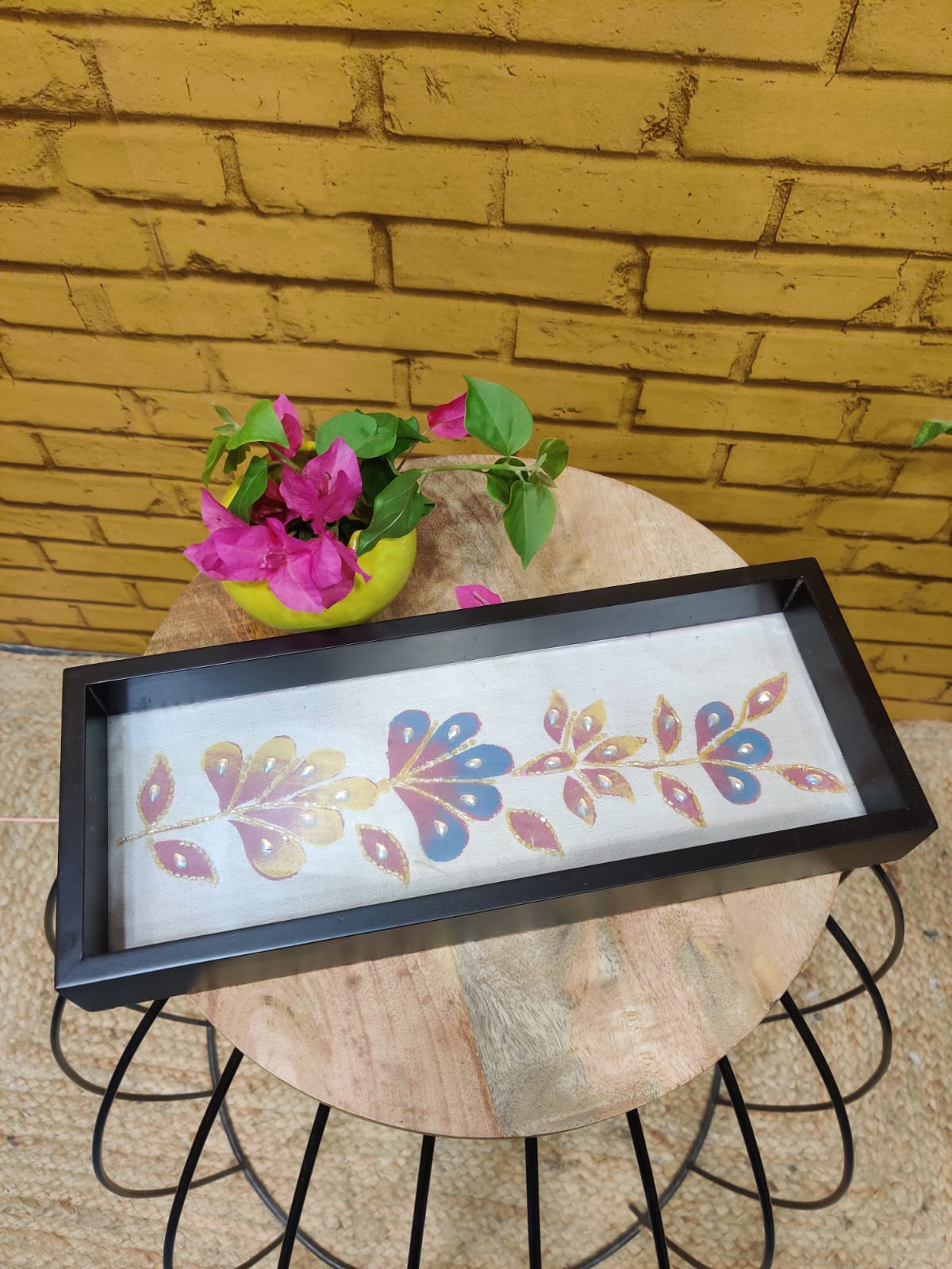Floral Handpainted Wooden Tray with Glass Top