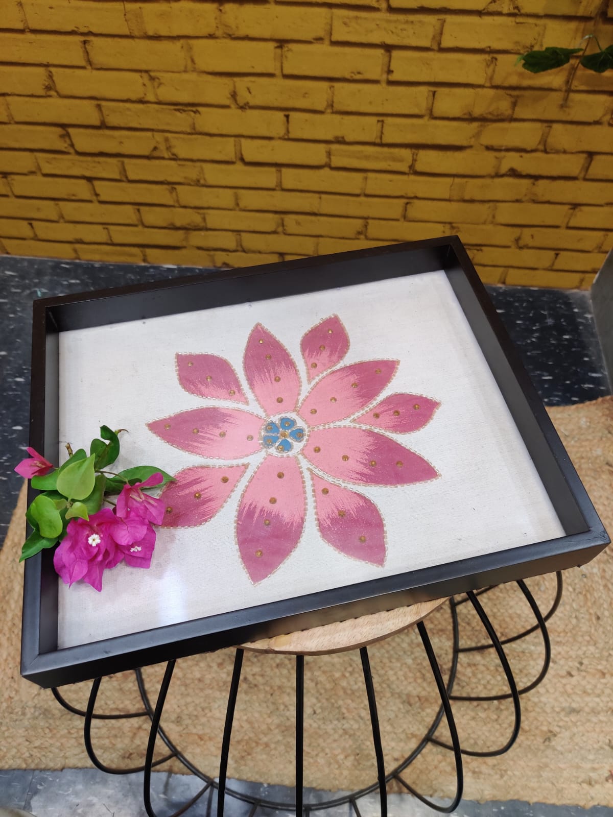 Floral Handpainted Tray with Glasstop