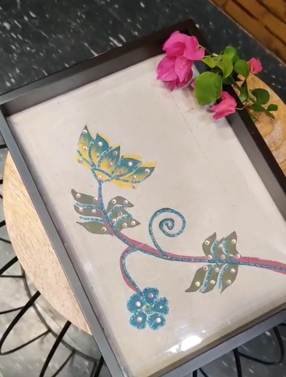 Floral Handpainted Wooden Tray with Glass Top