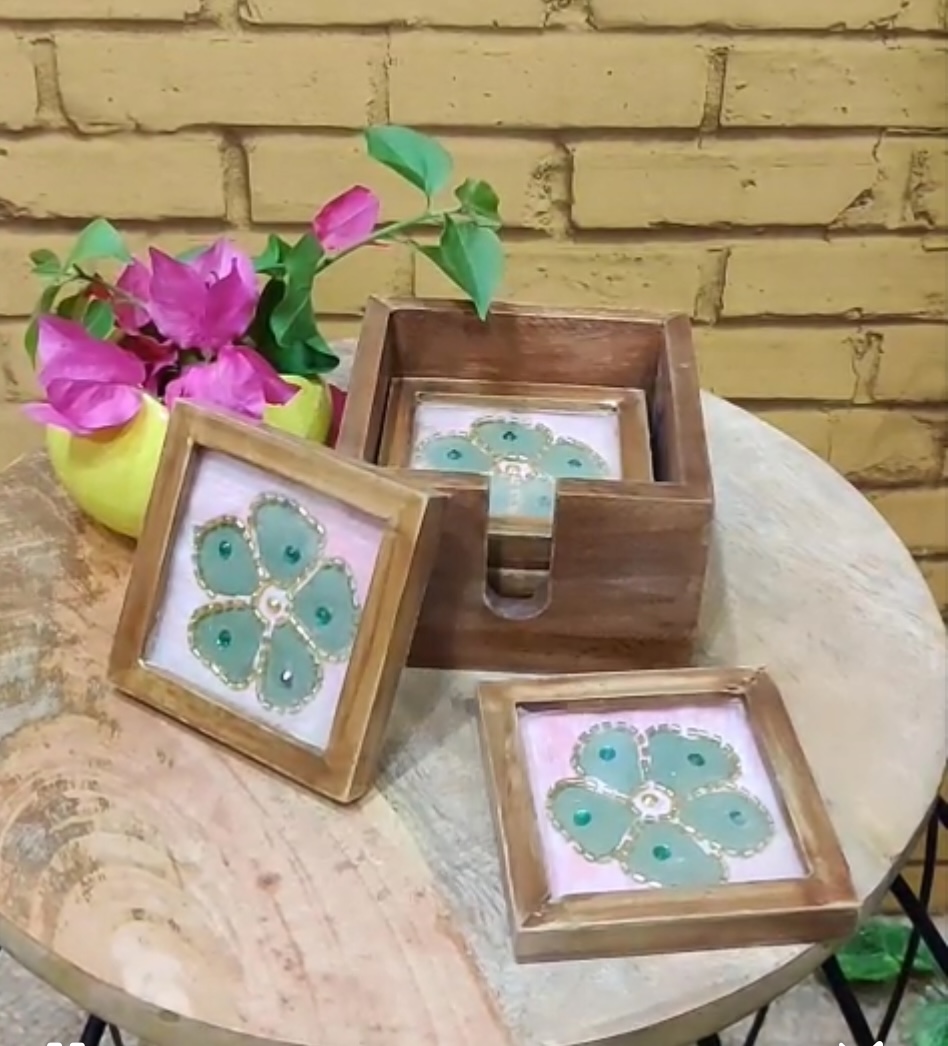 Wooden Handpainted Glasstop Coasters