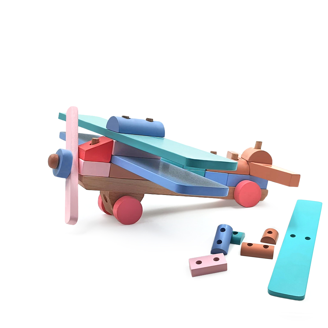 Little Genius Mini Shape Wooden Airplane Building Blocks Set, Pastel Colors, Educational Construction Toy (BC-80)
