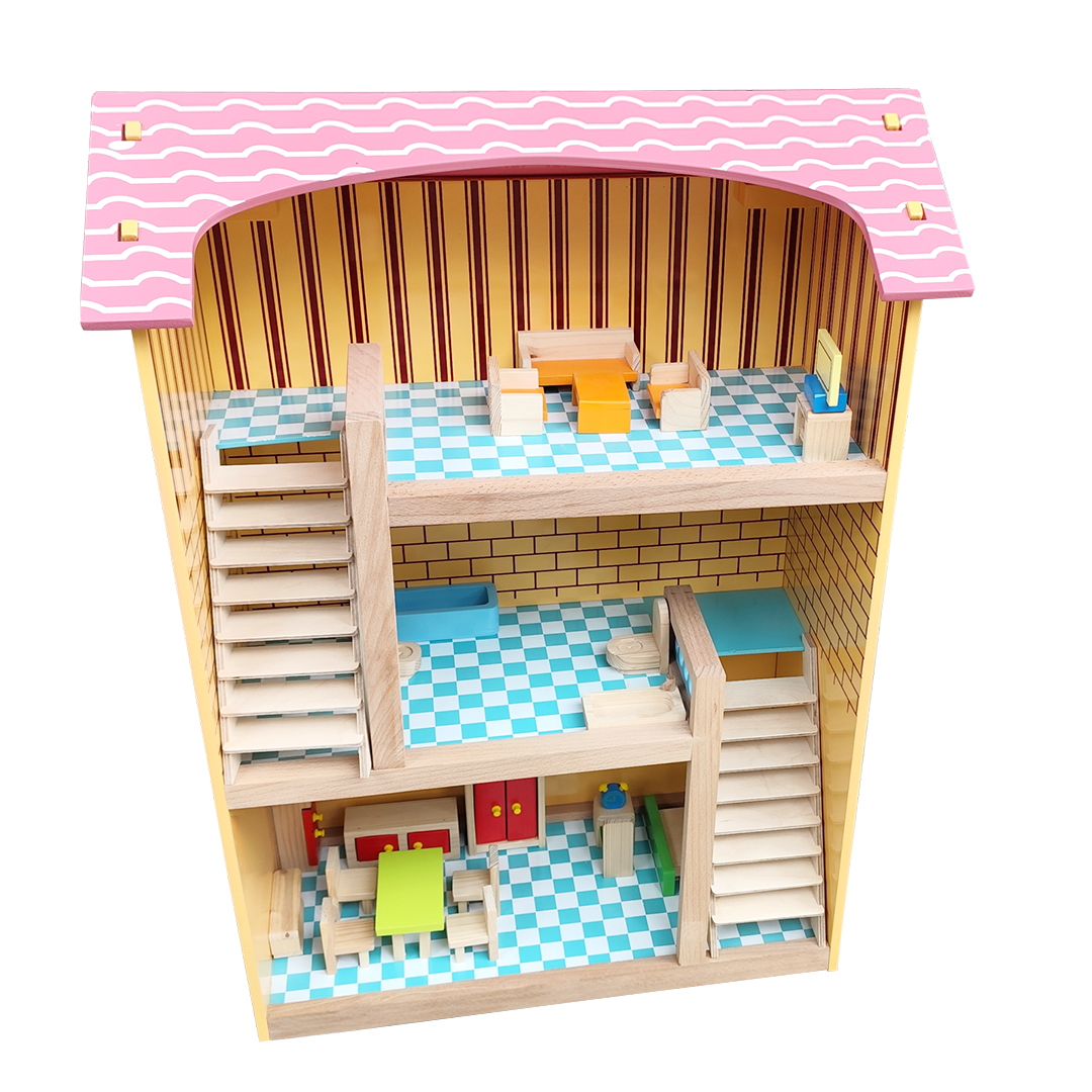 Little Genius Wooden Dollhouse with 3 Floors, Pink Roof, Checkered Flooring, Furniture Set, Kids Play House(AB-143BX)