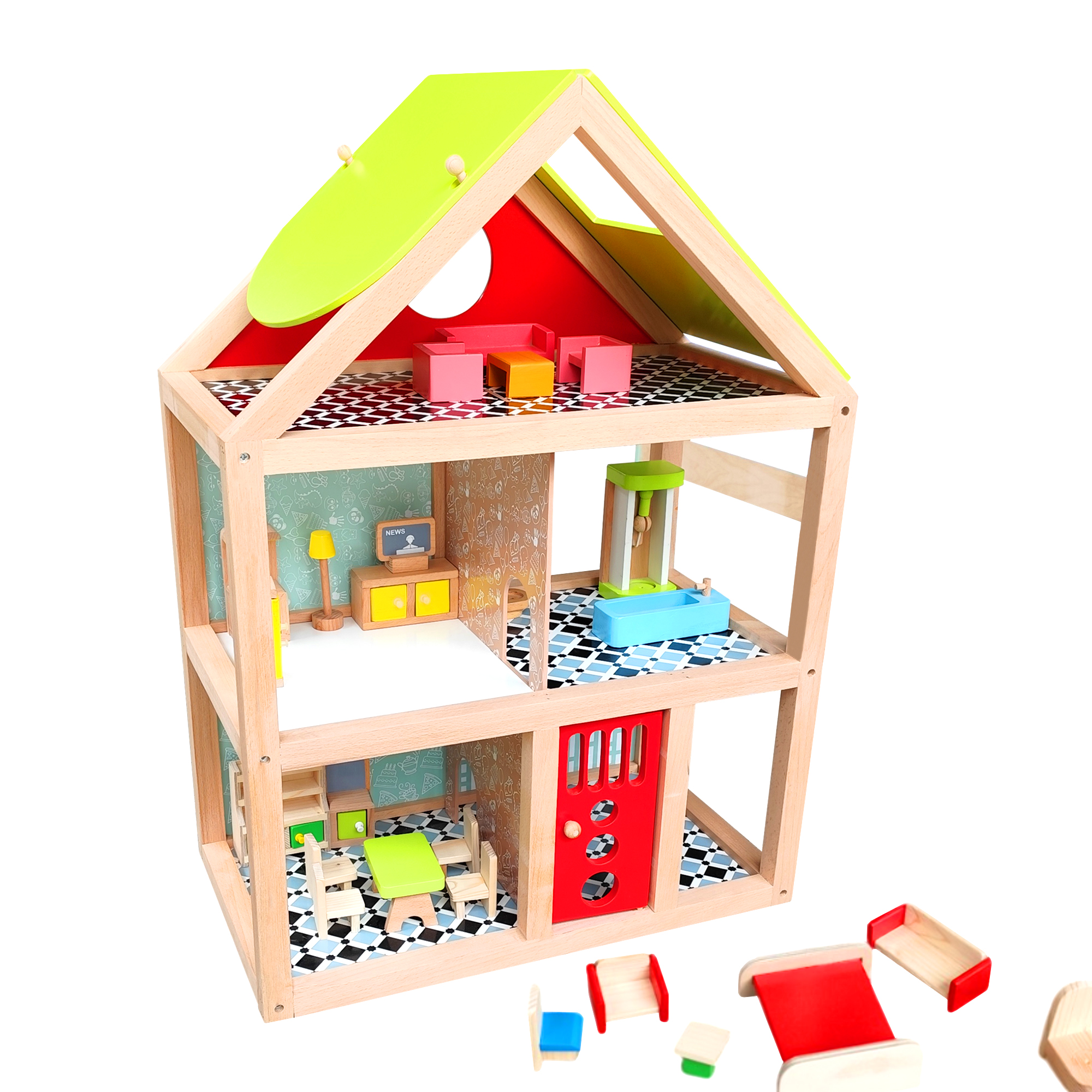 Little Genius Wooden Dollhouse with Furniture, 3 Floors, Modern Design, Green Roof, Red Door(AB-164BX)