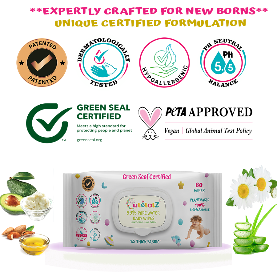 CutetotZ® 99% Pure Water Baby Wipes - 100% Biodegradable, Asia's 1st Green Seal® Certified, Unscented, Dermatologist Approved (PATENTED)