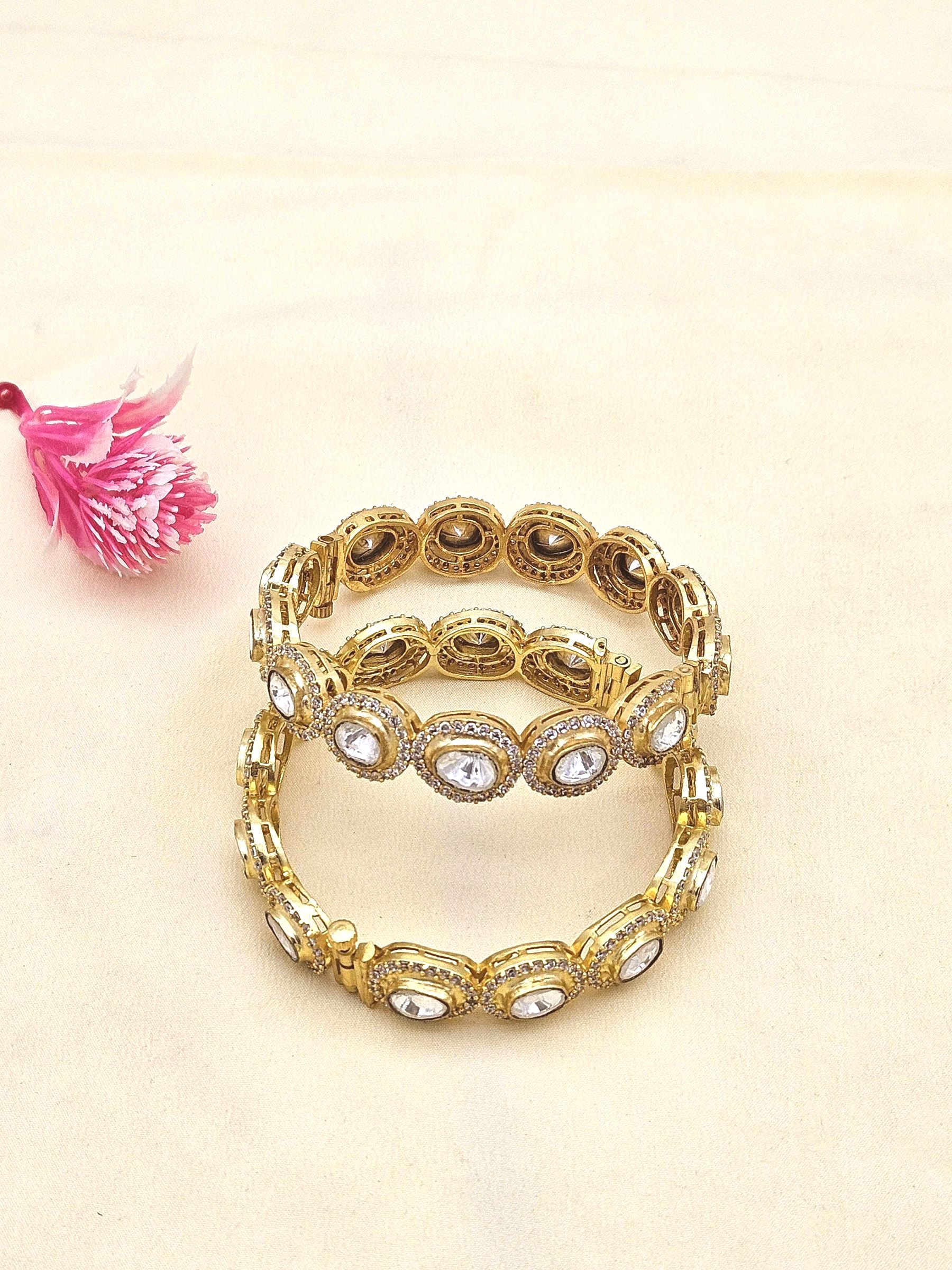 Handmade Set of 2 Gold plated Ad-Kundan Polky Screw Closure Festive Bangles.