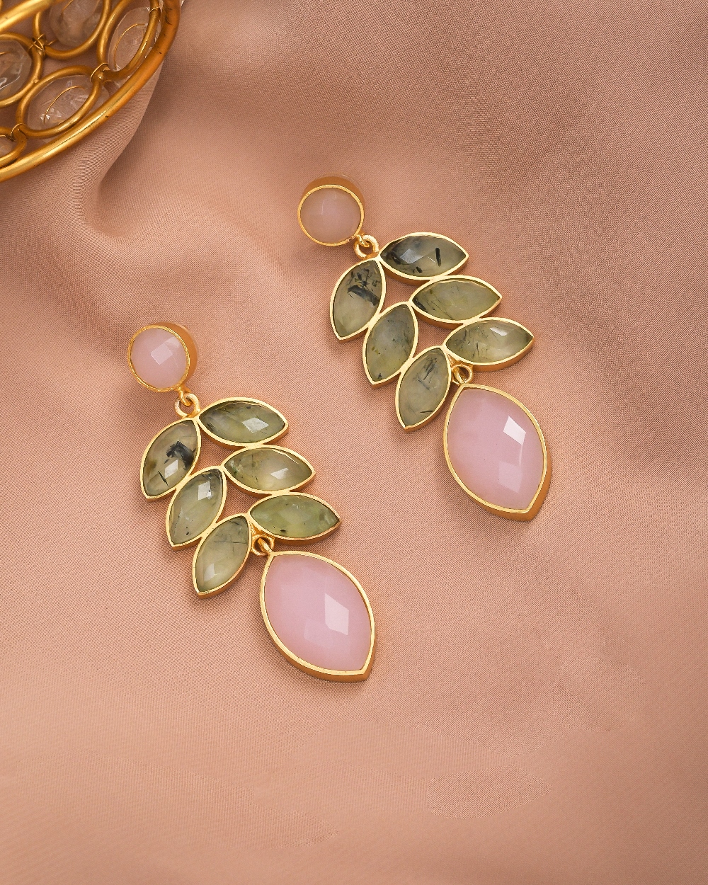  Gold plated Rose Qtz - Prehnite Stones Artistic Designer Dangle Earring.