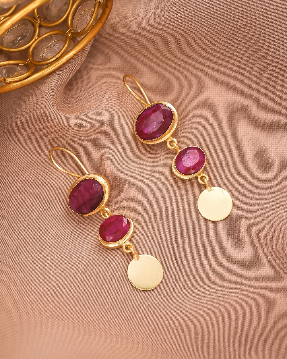 Gold plated Red Beryl Gem Stone Light Weight Earrings