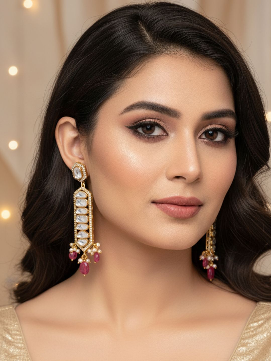 Gold plated- AD - Polky- Red Jade Beads Dangle Drop Earrings