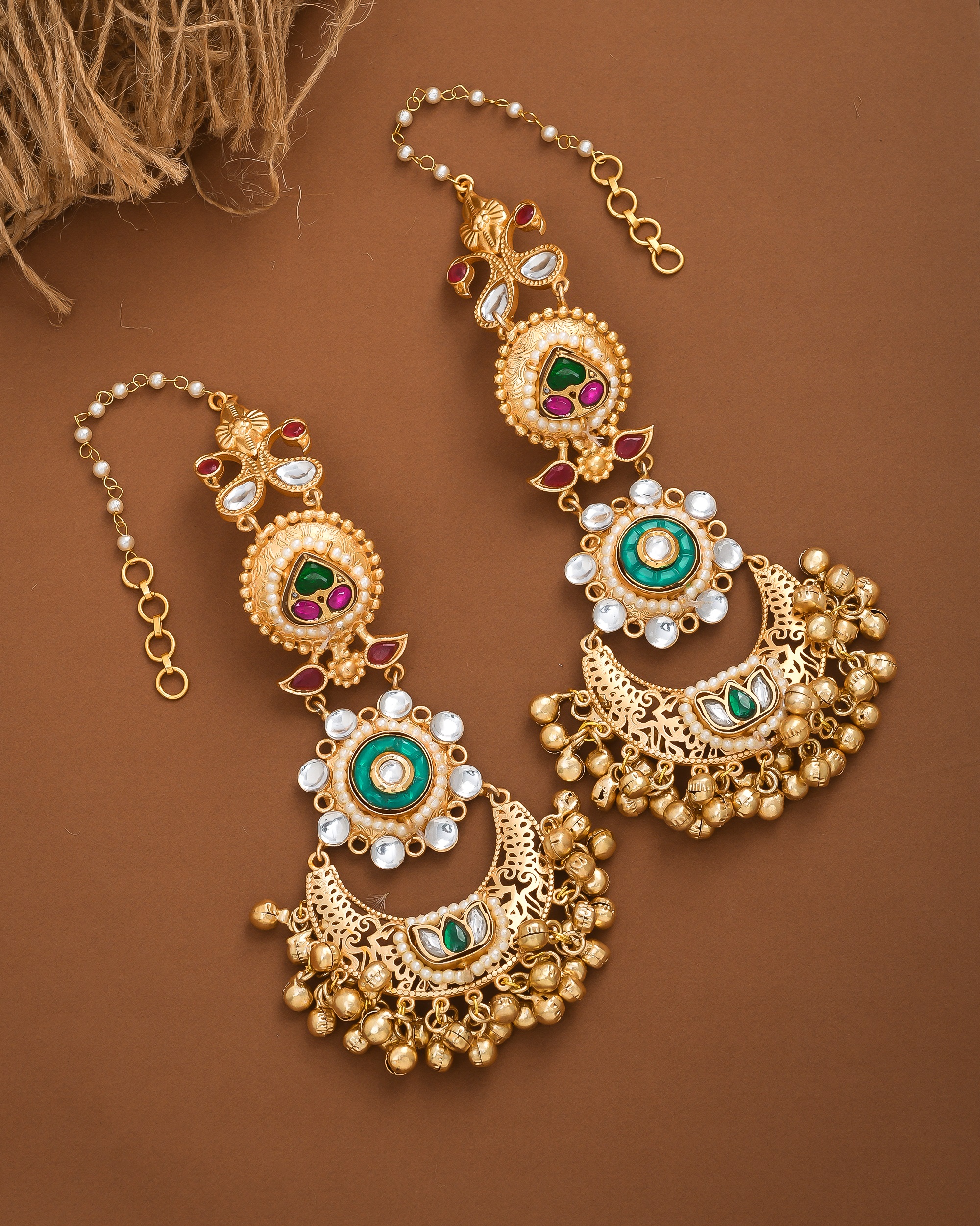 Gold Long Kundan-Polky-Green Glass Stone Motif- Pearl Dangle Earring with Ear Chain