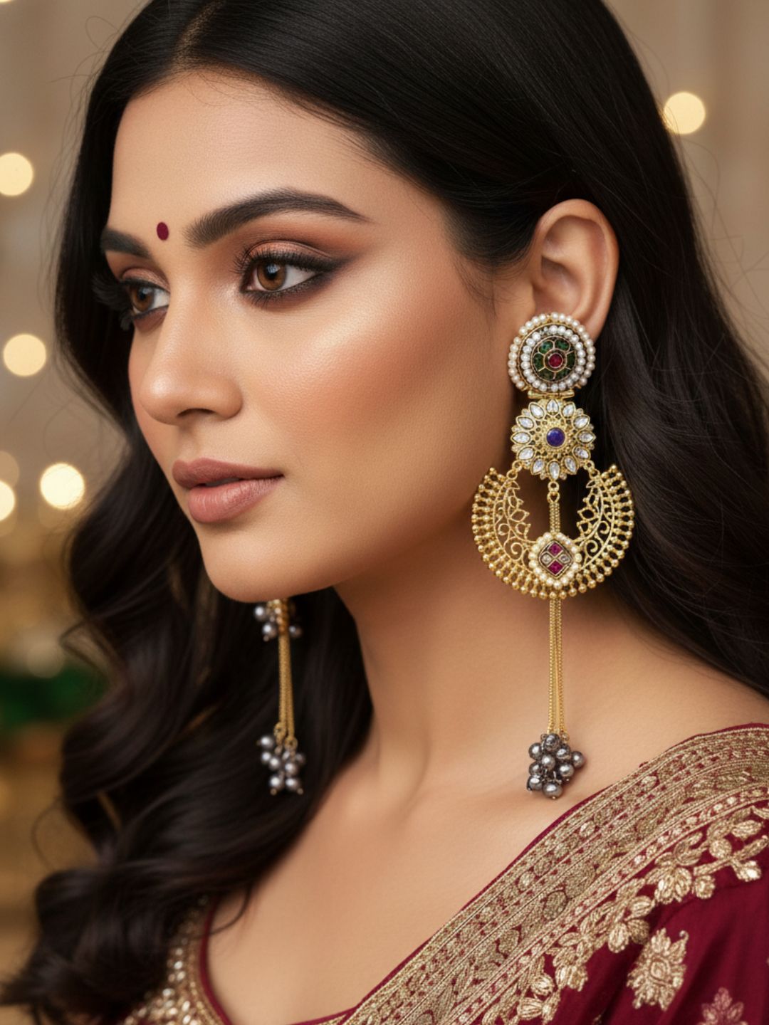 Gold plated Polky-Green-Red Stone Motif Pearl Fancy Dangle Drop Earrings