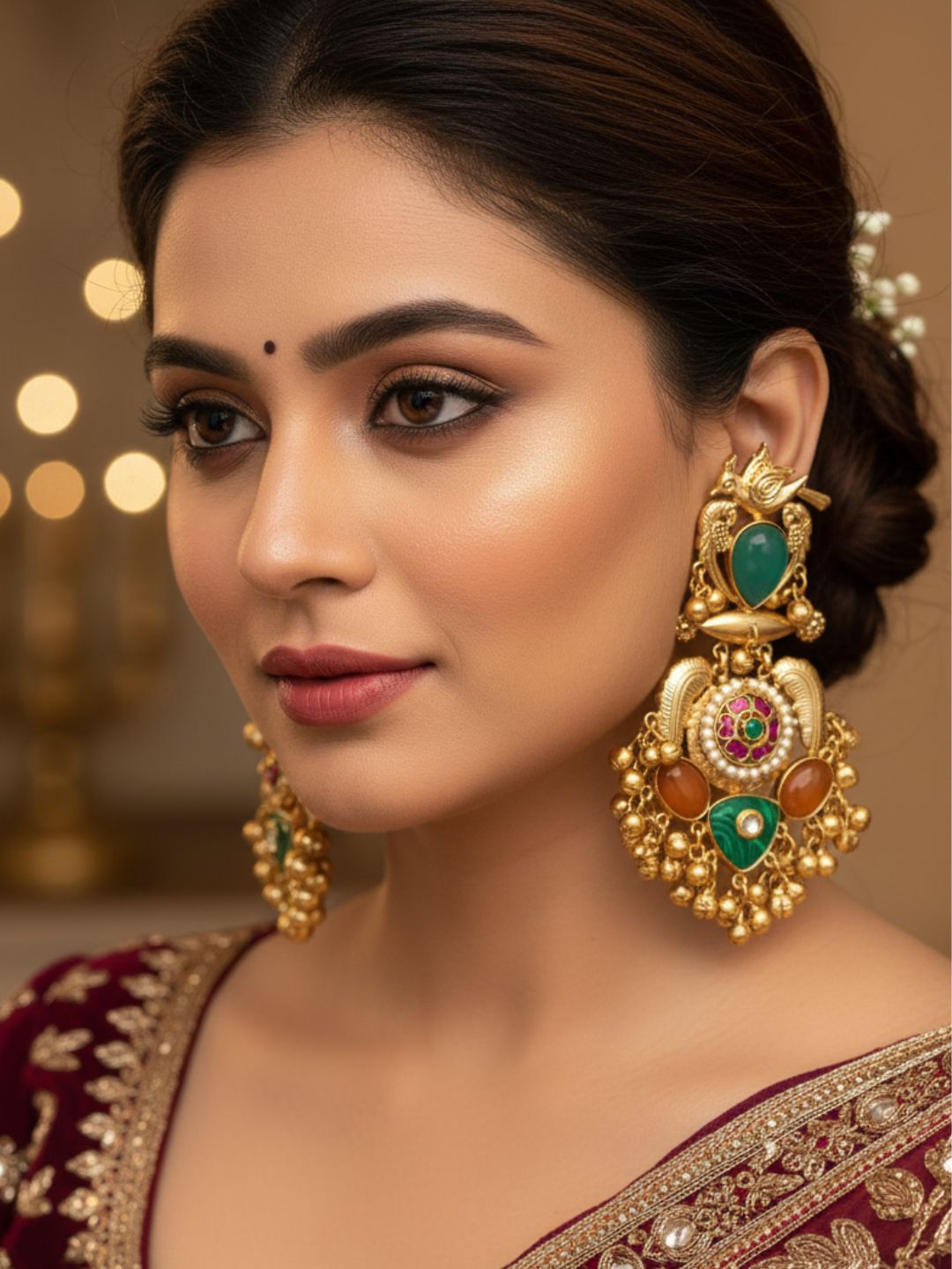 Antique Gold plated Green-Yellow Onyx & Malachite Stones with Red & Green Glass Motif-Synthetic Polky Fancy Dangle Earrings