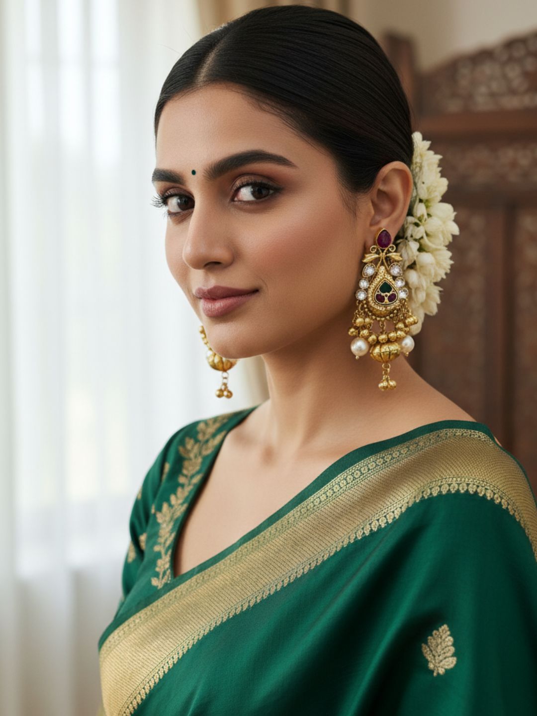 Charming Antique Gold Synthetic Polky-Multi Color Glass Stone-Pearl Fancy Dangle Drop Earrings