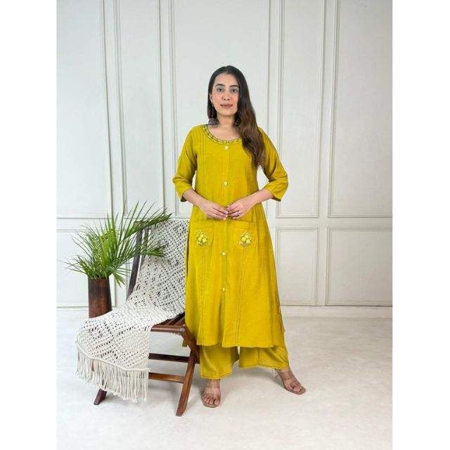  Trendy Cord-set A-Line Plazo suite with Vetican Pocket Work for Women Ethnic Fashion Outfit with Uses in Wedding Party Festive & Office Wear