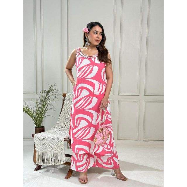 Exclusive Rayon Cordset Sleeveless Kurti with A Line palazzo for Women Ethnic Fashion Outfit with Uses in Wedding Party Festive & Office Wear