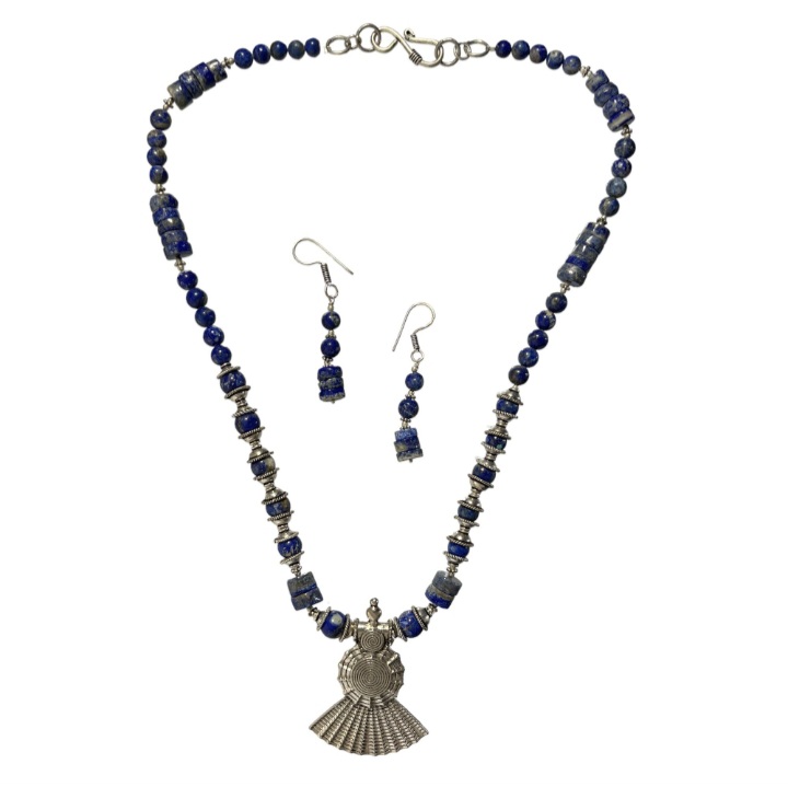 Lapis Lazuli Stone Beaded Necklace Set with Tribal Silver Oxidised Pendant & Earrings | Handmade Blue Gemstone Jewelry for Women