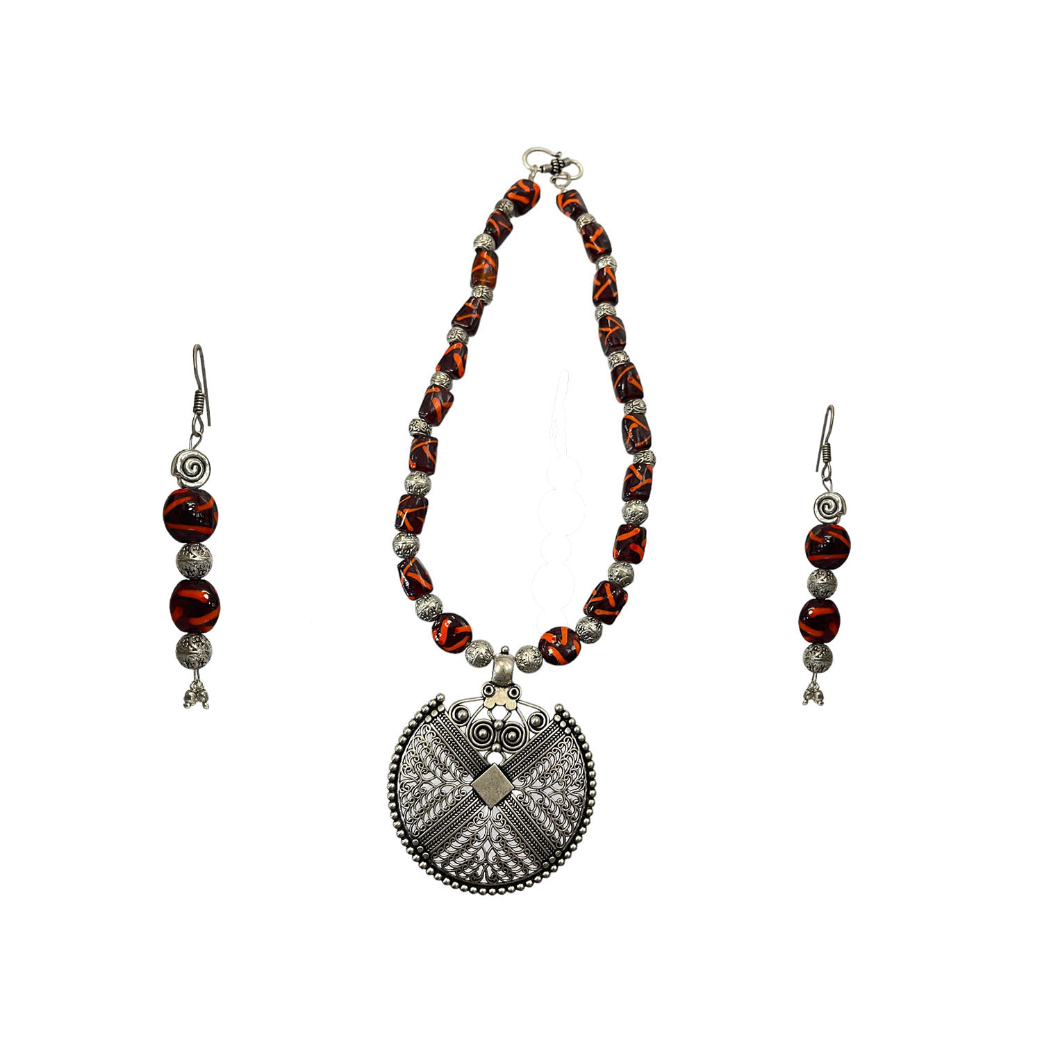 Handcrafted Oxidized Silver Tribal Pendant Necklace with Black & Orange Beads | Ethnic Boho Statement Jewellery for Women