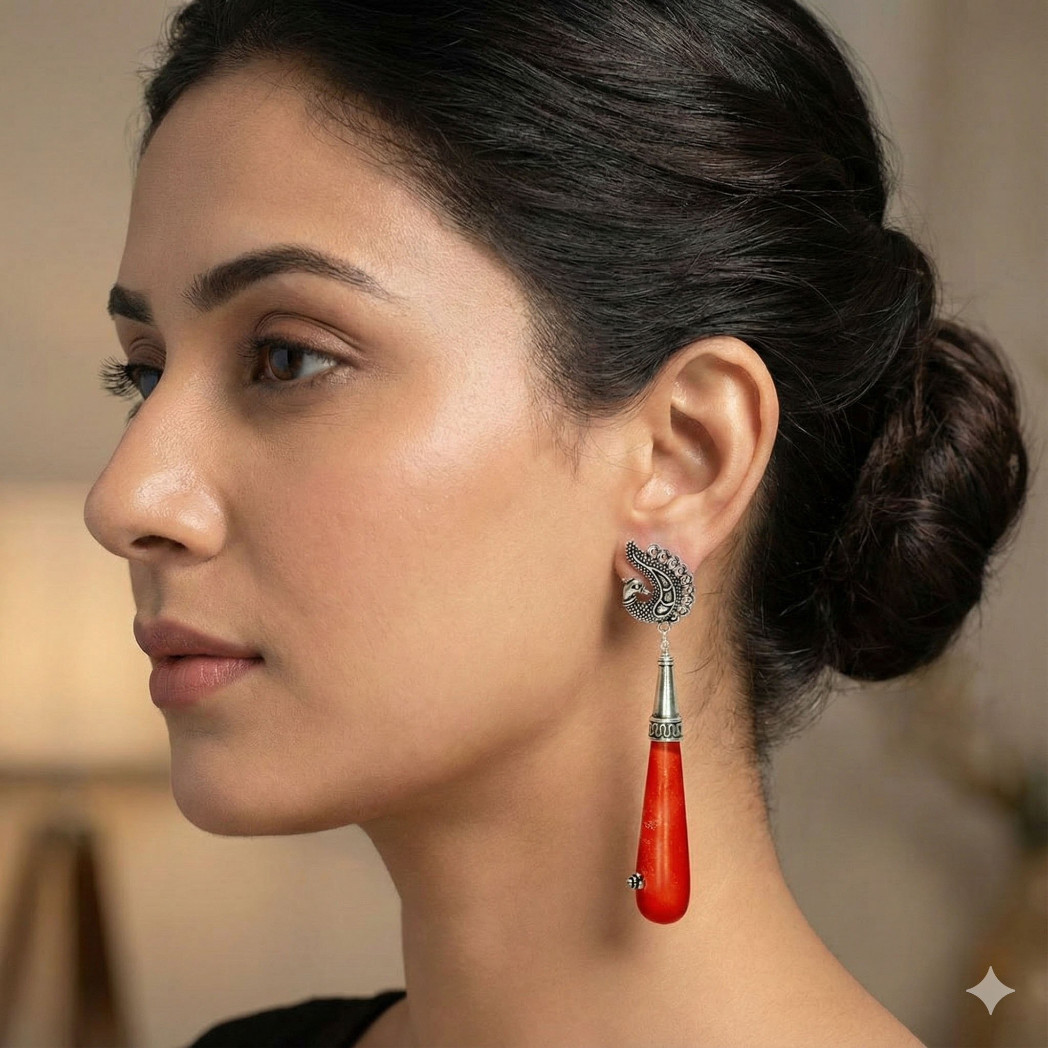 Oxidized Silver Peacock Design Red Drop Earrings | Handmade Ethnic Tribal Earrings for Women & Girls
