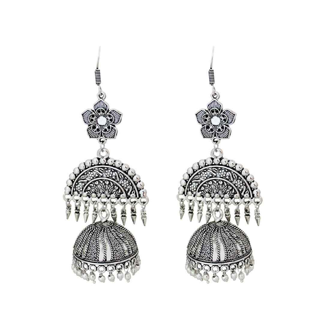 Traditional Silver Oxidized Floral Crescent Jhumka Earrings