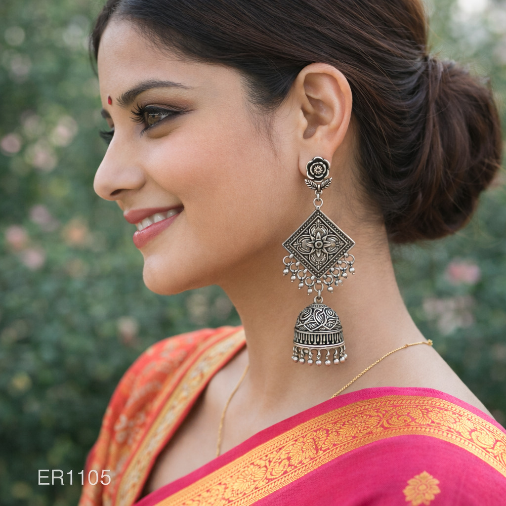 Oxidised Silver Long Jhumka Earrings for Women | Antique Tribal Square Design Danglers with Ghungroo Drops | Traditional Ethnic Jewellery